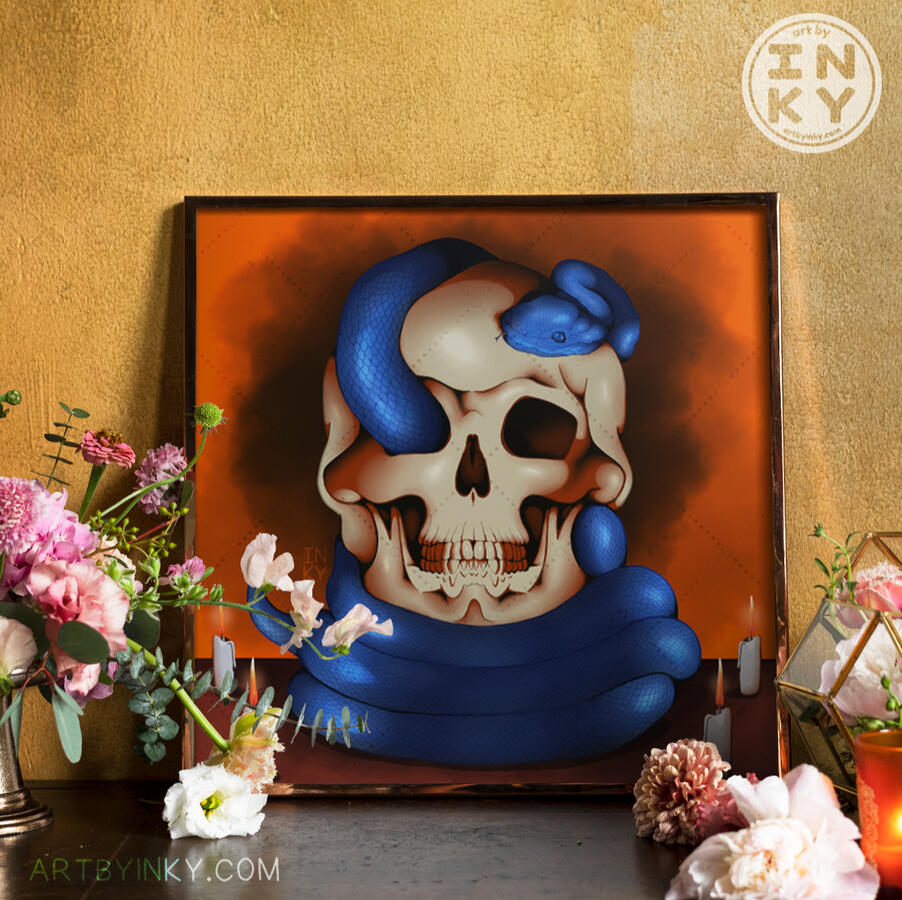 Snake and Skull Art Print An illustration of a blue snake wrapped around a skull in a black frame against a yellow background surrounded by flowers.