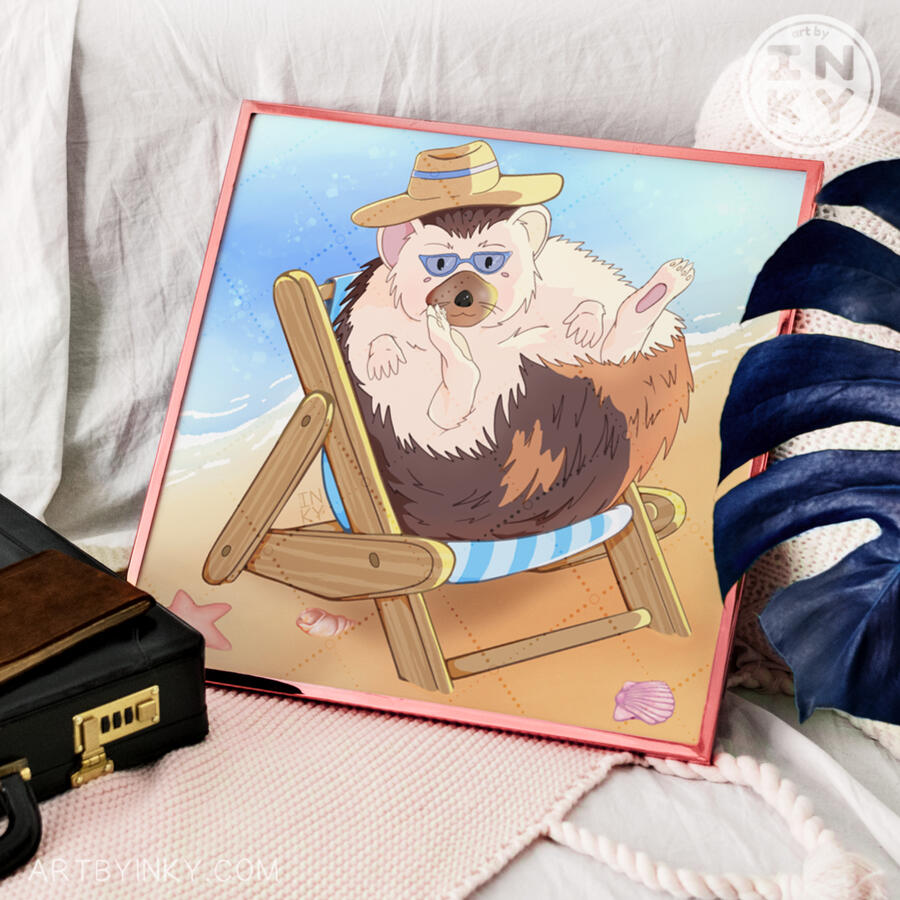 Hedgehog on a Beach Art Print Art print of an illustrated hedgehog on a beach in a pink frame against linens next to a plant and briefcase.