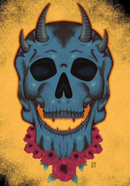 Digital illustration of a blue skull with horns against a golden flaked background. The skull has red roses wrapped around its chin.