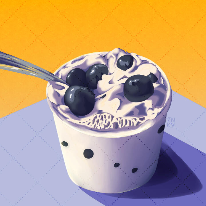 Sunday Mornings Digital illustration of a blueberry parfait yogurt with a spoon sticking out, set against a bright yellow and blue background.