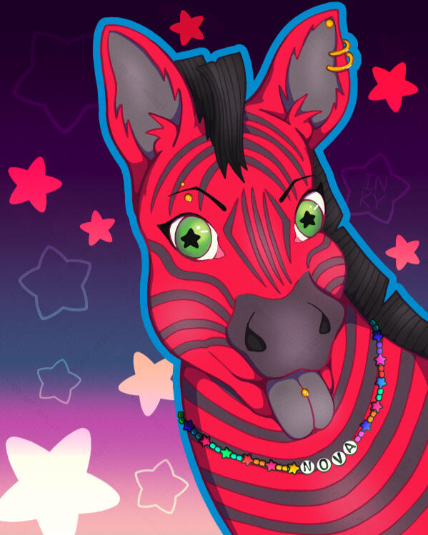 Nova the Zebra Digital illustration of a pink zebra fursona with a candy bead necklace featuring its name and gold piercings, set against a colorful starry background.