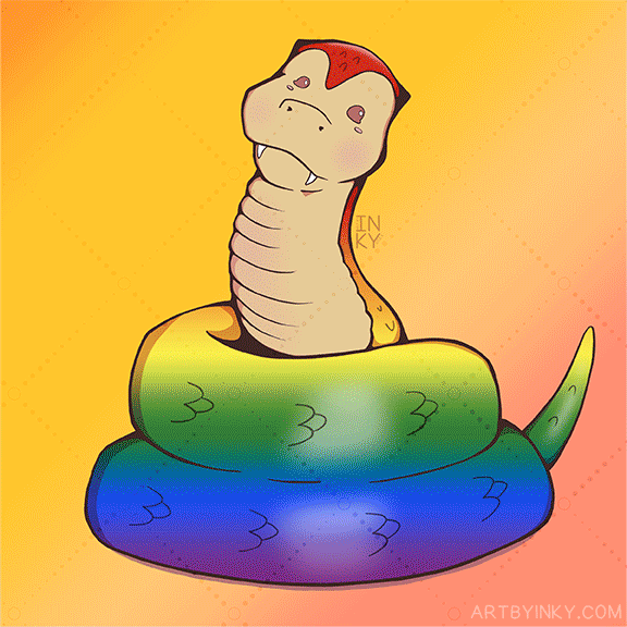 A GIF of digitally illustrated snakes with different LGBTQIA+ pride colors. The snakes have 16 different colors in total.