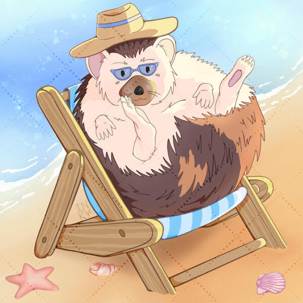 Digital illustration of a hedgehog relaxing in a beach chair on the beach, wearing sunglasses and a hat.