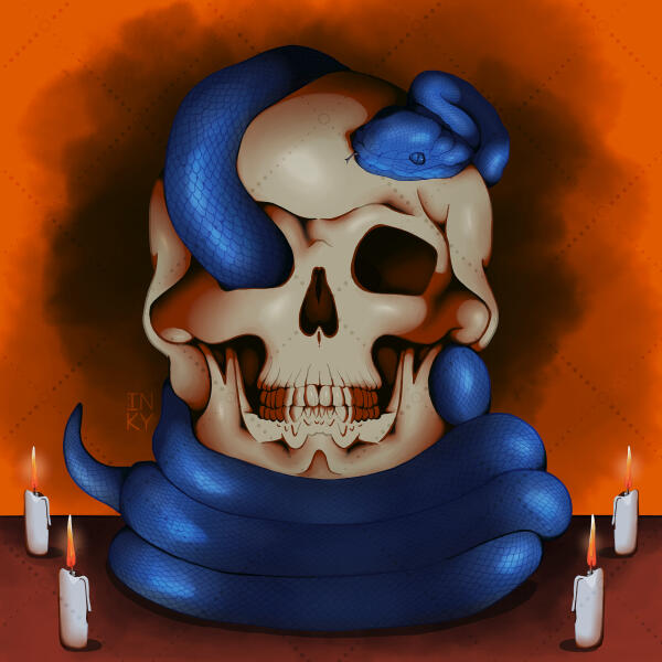 Sacrifice Digital illustration of a blue snake coiled inside a skull, surrounded by lit candles against a dark orange background.
