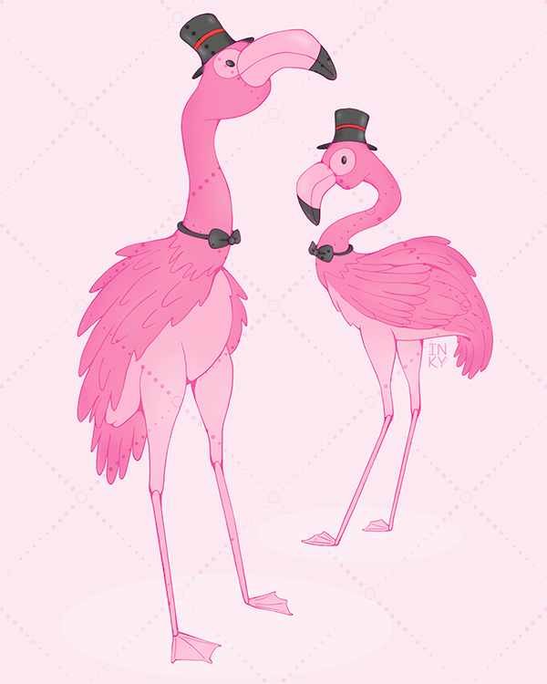 Fancy Flamingos Digital illustration of two flamingos wearing top hats and bow ties, set against a pink background.