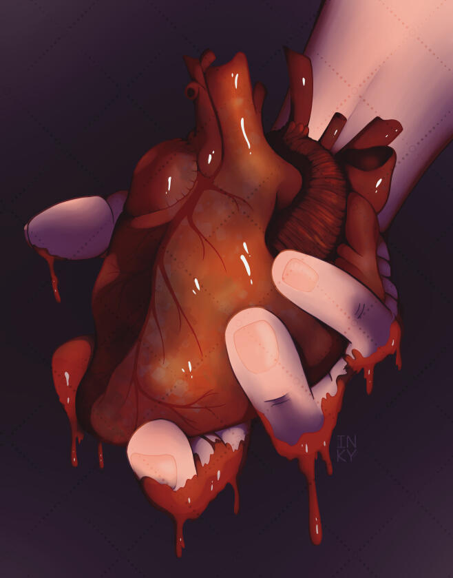 Digital illustration of a hand holding a bloody heart, set against a dark purple background.