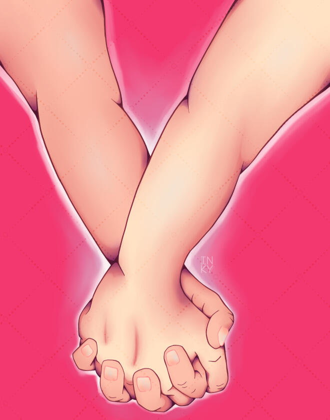 Holding Hands Digital illustration of two people holding hands, set against a bright pink background.