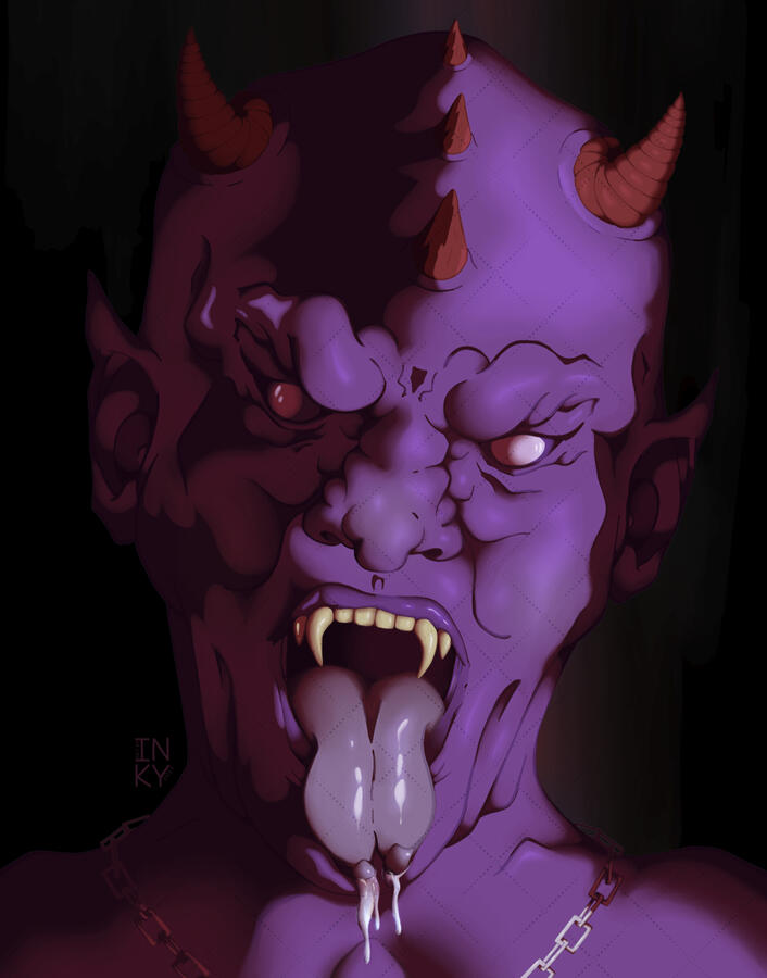 Digital illustration of a purple demon in low light with its mouth open, tongue sticking out, and sharp fangs exposed.