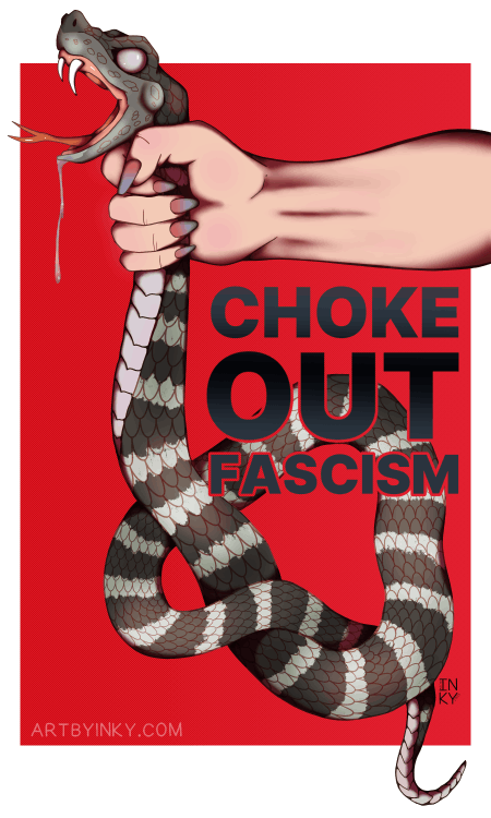 An animated GIF of a hand with different skin colors and purple nails choking a black and white snake that is coiled up against a red background. The words "choke out fascism" are overlaid on it.