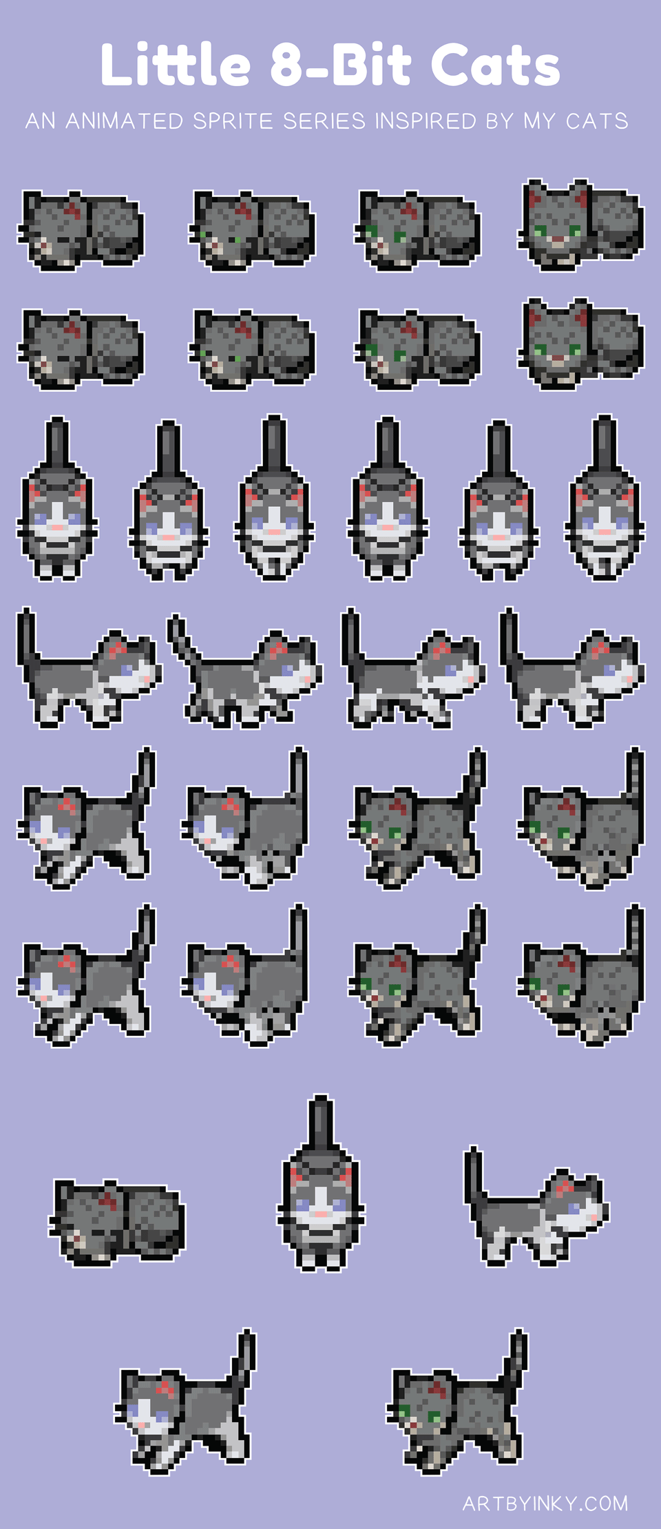 A sprite sheet of two cats sleeping, walking, and running. The sheet also includes animated sprites.
