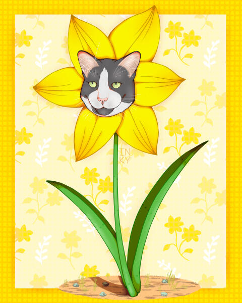 A digital illustration of a daffodil on a patch of dirt with a grey and white cat's head in the middle of the flower petals. The background is also yellow and has a checkered background with repeat flower pattern.