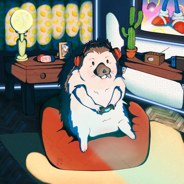 Gamer Hog Digital illustration of a hedgehog playing video games on a red bean bag relaxing in a dark room. The scene features a bedroom with lemon pattern curtains and tech gadgets on shelves.