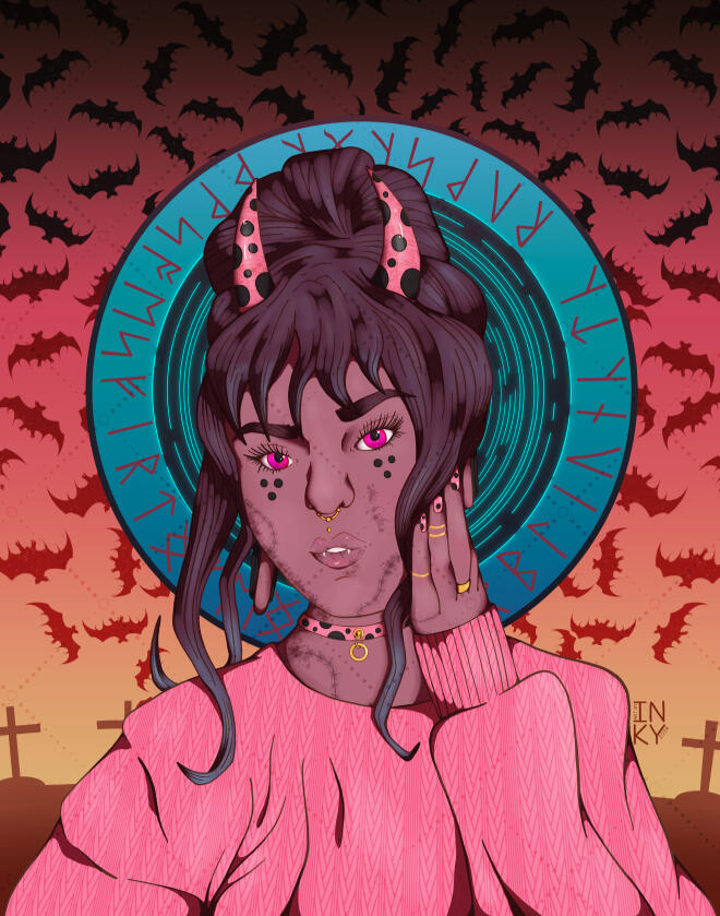 Autumn Demon Girl Digital illustration of a girl with zombie stitches on her face and pink polka dot horns, wearing a pink sweater. She stands in a graveyard surrounded by bats.