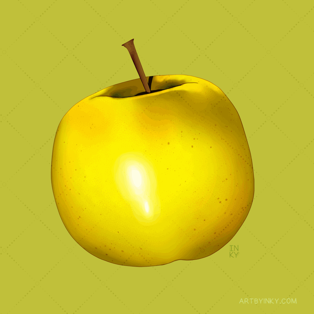 An animated GIF of three different apple illustrations against a pea green background.