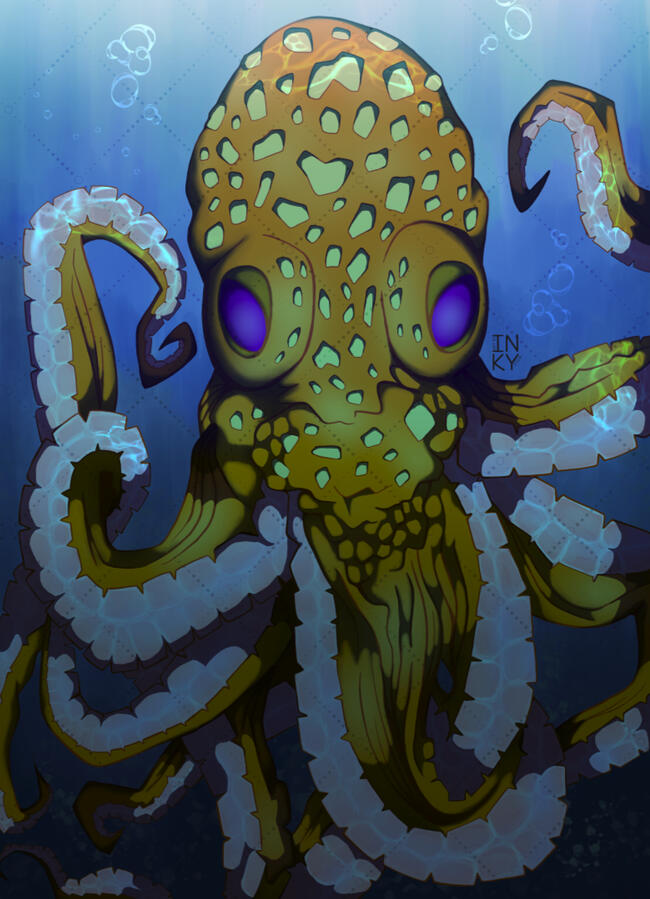 Digital illustration of an orange octopus with purple eyes underwater. The octopus is surrounded by soft waves and bubbles.