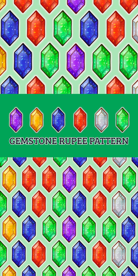 Repeat pattern featuring colorful rupees from The Legend of Zelda, arranged in a seamless design with various colors.