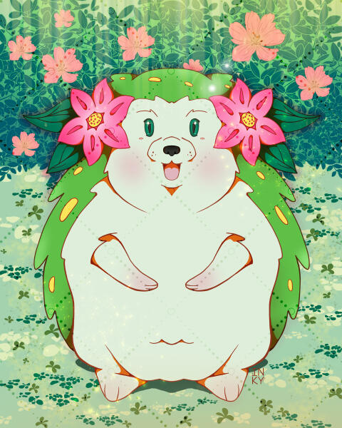 Digital illustration of the Pokémon Shaymin standing in front of a vibrant flowery bush, with colorful flowers surrounding its small, grassy form.