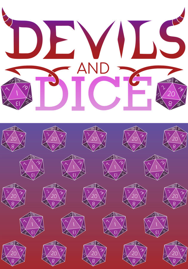 Logo and pattern layout featuring purple and pink Dungeons & Dragons dice, including a Nat1 die and a Nat20 die, arranged in a repeating design.