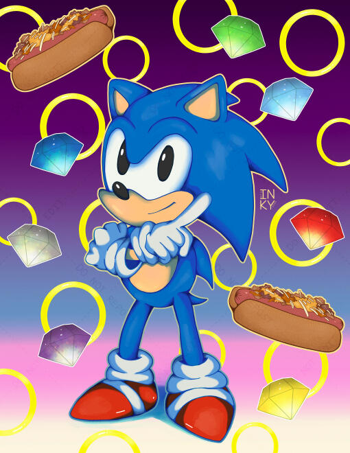 Sonic the Hedgehog Digital illustration of Sonic the Hedgehog striking his iconic pose, surrounded by floating golden rings, chili dogs, and glowing Chaos Emeralds.