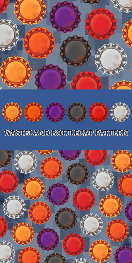 Repeat pattern featuring vintage and rusty bottlecaps from Fallout, arranged in a seamless design with various colors.