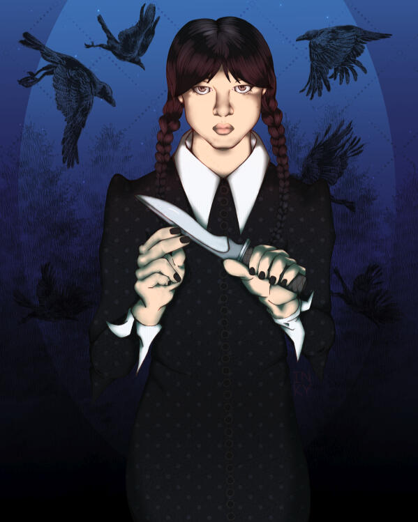 Digital illustration of Wednesday Addams holding a knife against a dark blue background that has raven silhouettes.